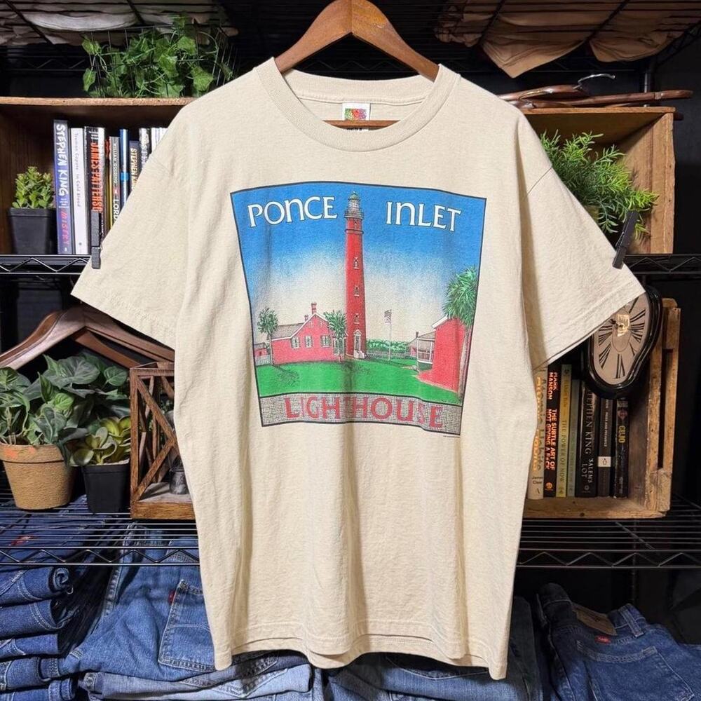 Vintage 90s Ponce Inlet Lighthouse Tee Shirt Mens Large Tan Nature Wilderness